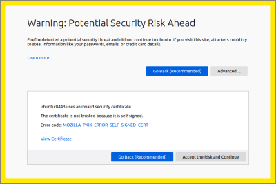 The Mozilla Firefox Potential Secuirty Risk warning advanced options for HTTPS site.